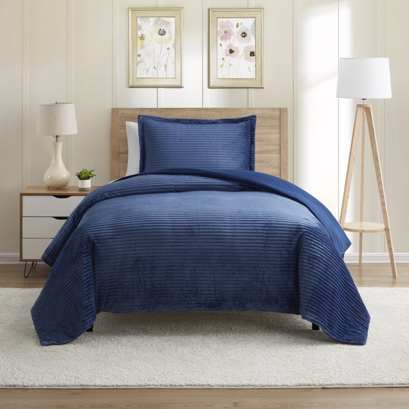 Twin Reversible Duvet Cover Set with Shams - Navy Microfiber & Plush