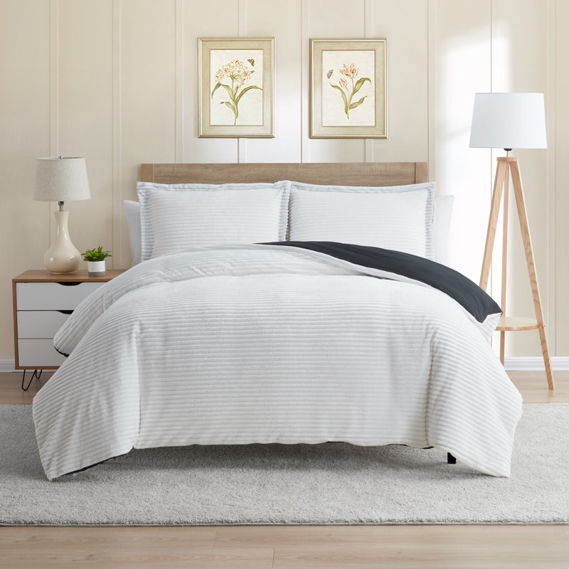 King Reversible Duvet Cover Set with 2 Pillow Shams - White & Black Microfiber Plush