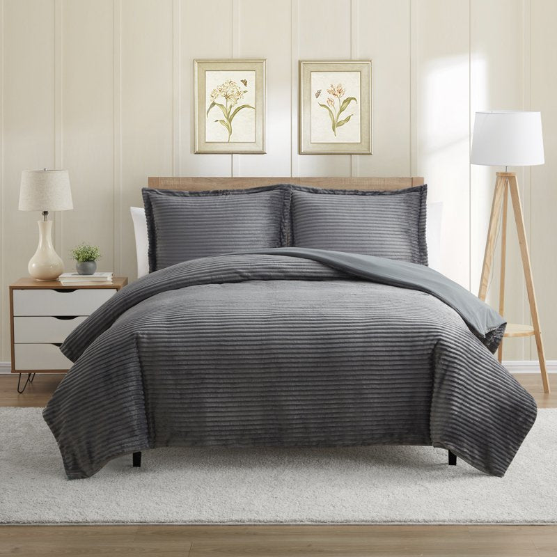 Queen Gray Microfiber Reversible Duvet Cover Set with Plush Microfiber & Zipper Closure