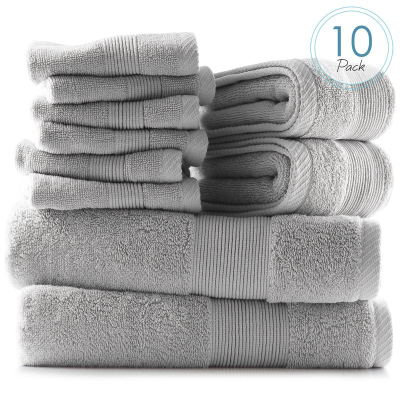 Bath Towels Set 10 Pc - Gray, 2 Body, 2 Hand Towels & 6 Washcloths - Soft & Absorbent Cotton