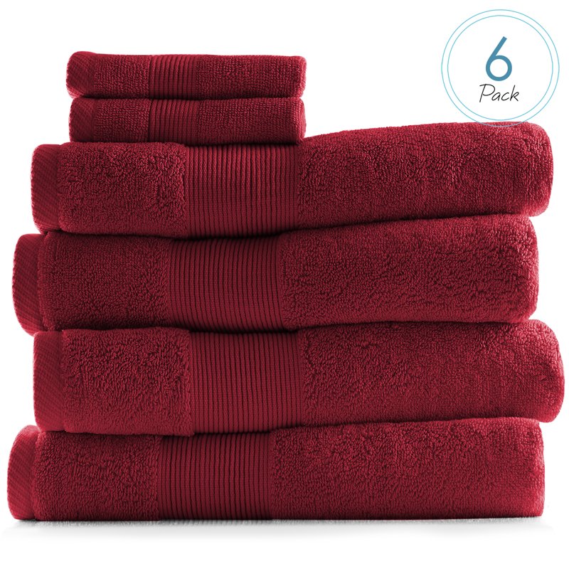 Bath Towels Set - 4 Red Body Towels & 2 Washcloths, 100% Cotton Luxury Softness