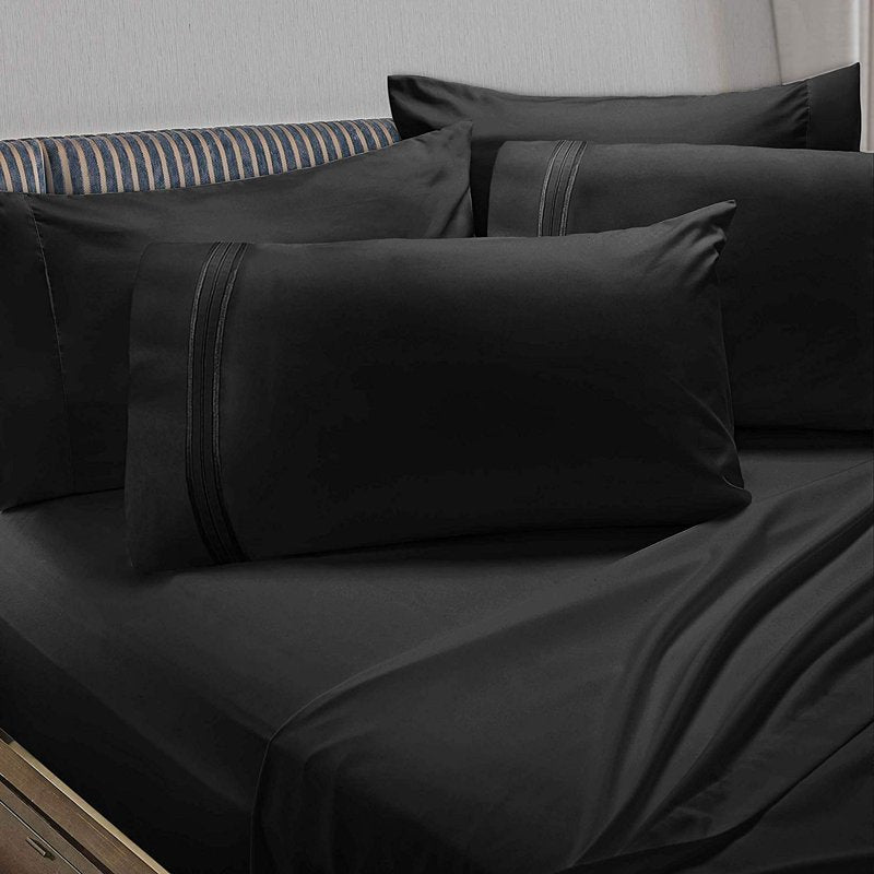 Queen Microfiber Sheet Set - Black 6 Piece Luxury Bedding with Embroidered Pillowcases
