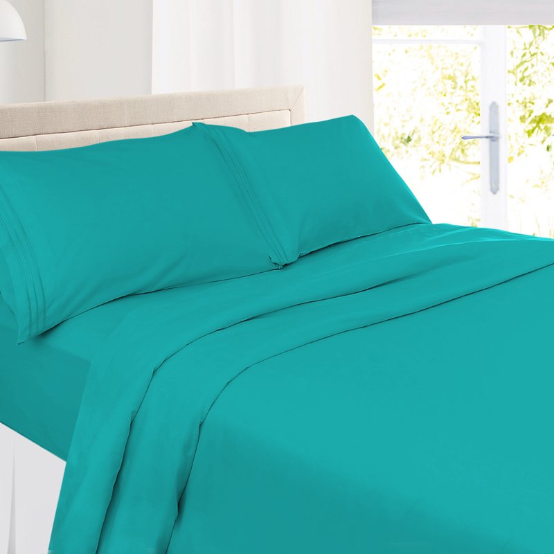 Split King Microfiber Bed Sheet Set - Teal, 3-Line Embroidered, Deep Pocket