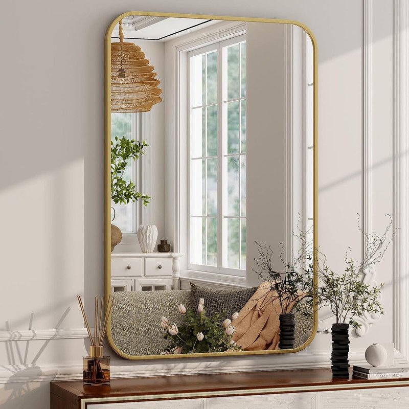20x28 Inch Gold Bathroom Mirror - Rounded Edge Wall Mount Vanity Mirror