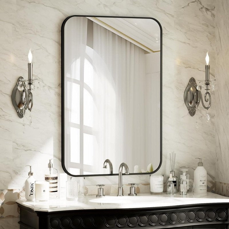 Bathroom Mirror 26x38 Inch Wall Mounted Rounded Edge Vanity Mirror Black - Clarvion