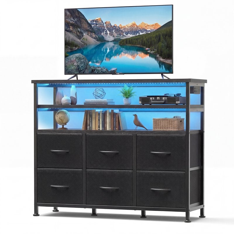 6-Drawer Fabric Dresser with Power Outlets & LED Light - Multiple Colors