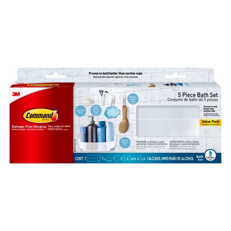 Command Bath Set with Caddy Soap Dish Razor Holder Hooks & Strips - Single