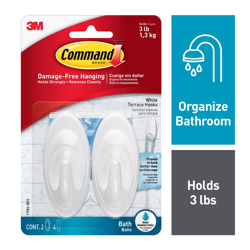 2 Pack Bathroom Command Quartz Hooks with Water Resistant Strips - Damage-Free Shower Organization