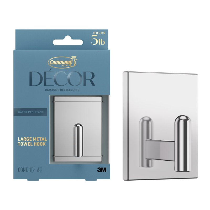 Command Decor Large Metal Bath Towel Hook - Chrome, Holds 5 lbs, 1 Hook with 6 Adhesive Strips - Variation of Chrome