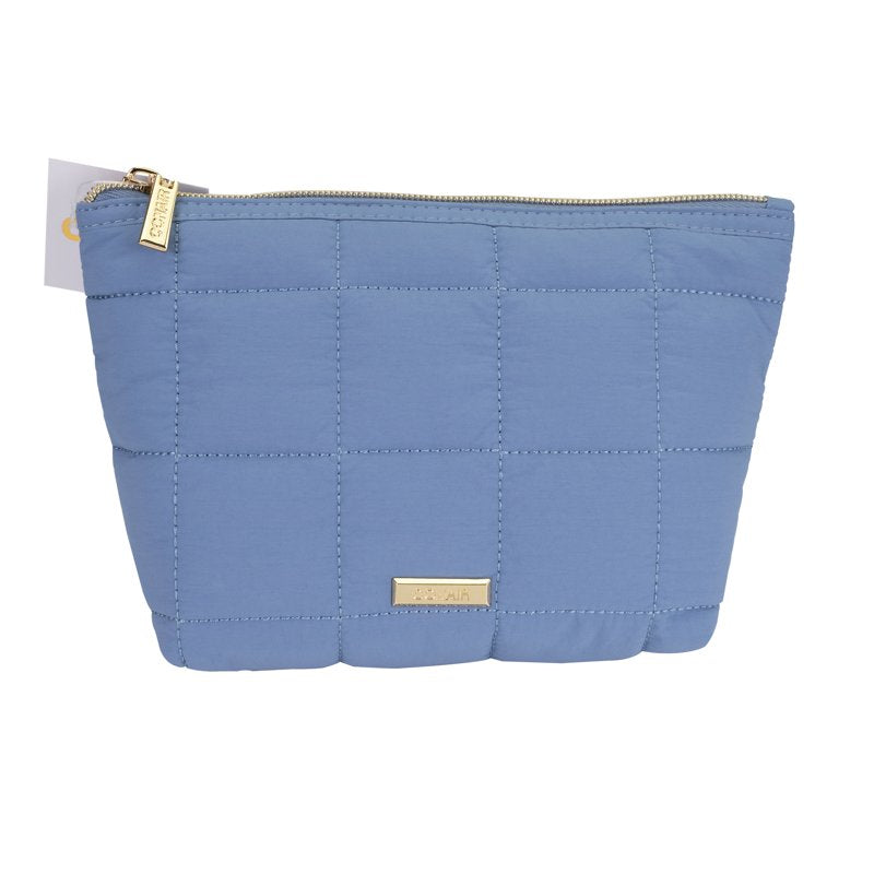 Blue Quilted Makeup Clutch, Soft Polyester Cosmetic Pouch with Gold Zipper