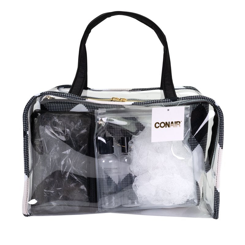 7-Piece Black Plaid Cosmetic Bag Set with Tote & Pouches