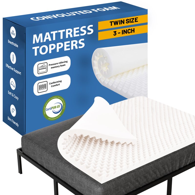 Twin 3-Inch Convoluted Egg Shell Foam Mattress Topper - Continental Sleep