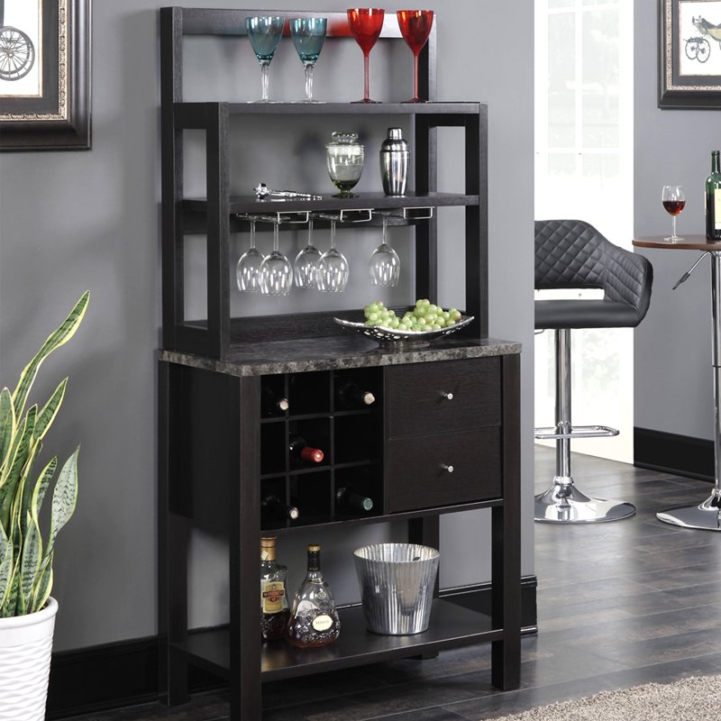 Newport Serving Bar with 9-Bottle Capacity - Dark Faux Marble/Espresso