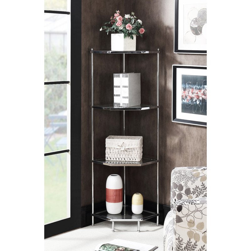 4-Tier Glass Corner Shelf - Chrome Finish, 50.75 Inches