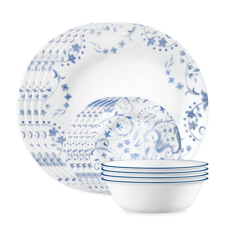 12-Piece Glass Dinnerware Set - Service for 4, Blue & White