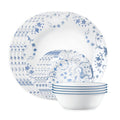 12-Piece Glass Dinnerware Set - Service for 4, Blue & White