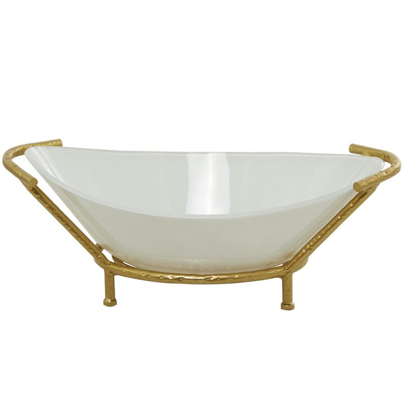 25" x 9" White Glass Kitchen Serving Bowl with Gold Metal Stand - Oval Variation