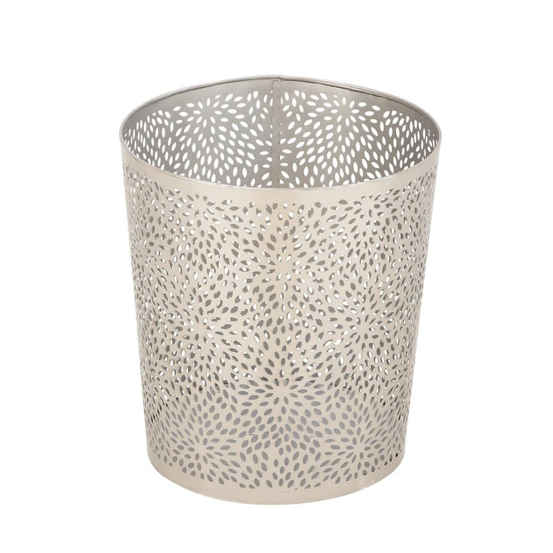 Silver Metal Floral Waste Bin - Laser Carved Design, 9" x 10" - Abstract Floral