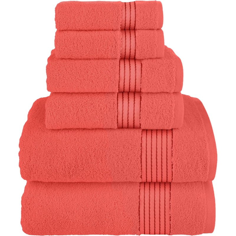 Coral 100% Turkish Cotton Shower Towel Set - Highly Absorbent, Plush, 6-Piece