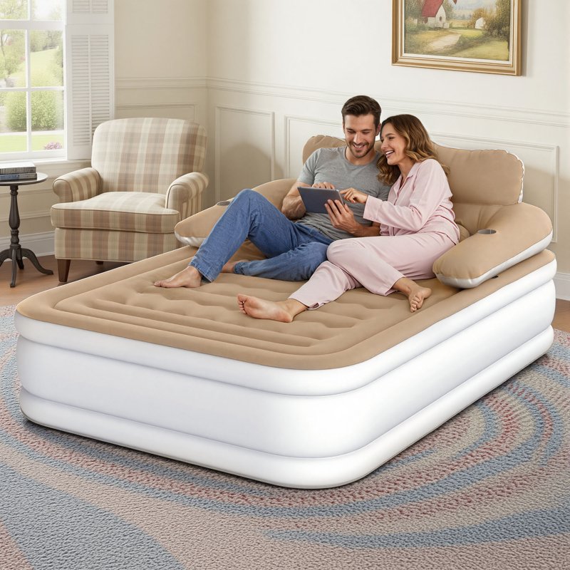 Queen Inflatable Air Bed with Headboard, Pump & Pillow - Brown, Portable