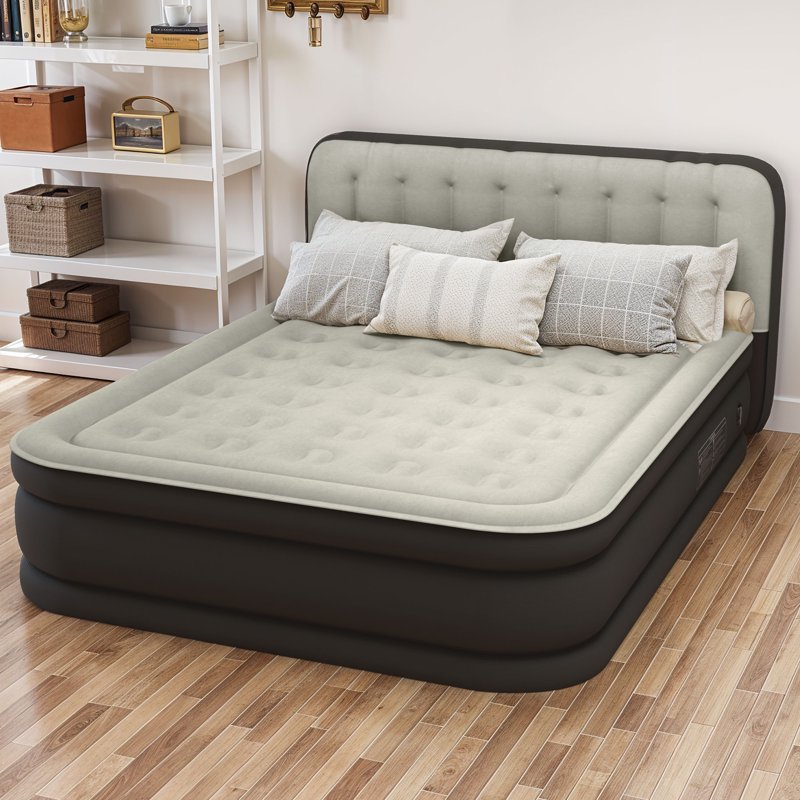 Queen Air Mattress with Pump & Built-In Headboard - Black Inflatable Bed for Home & Guest Use