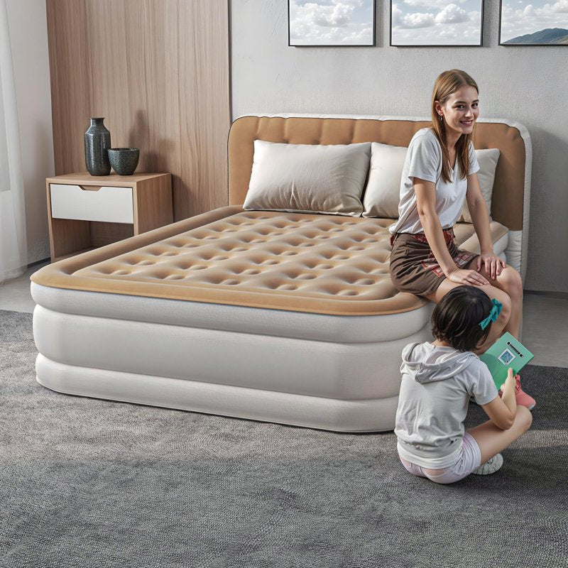 Brown Queen Air Mattress with Pump & Built-In Headboard - Inflatable Bed for Home & Guests