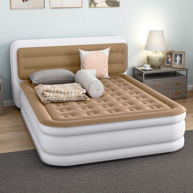 Queen Size Inflatable Air Mattress with Built-in Headboard and Pump - Durable Flocked Top, Portable for Indoor & Outdoor Use