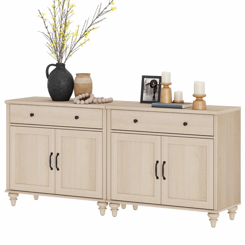 Large Wood Buffet Cabinet with 4 Doors & 2 Drawers - Beige, 2 Pack