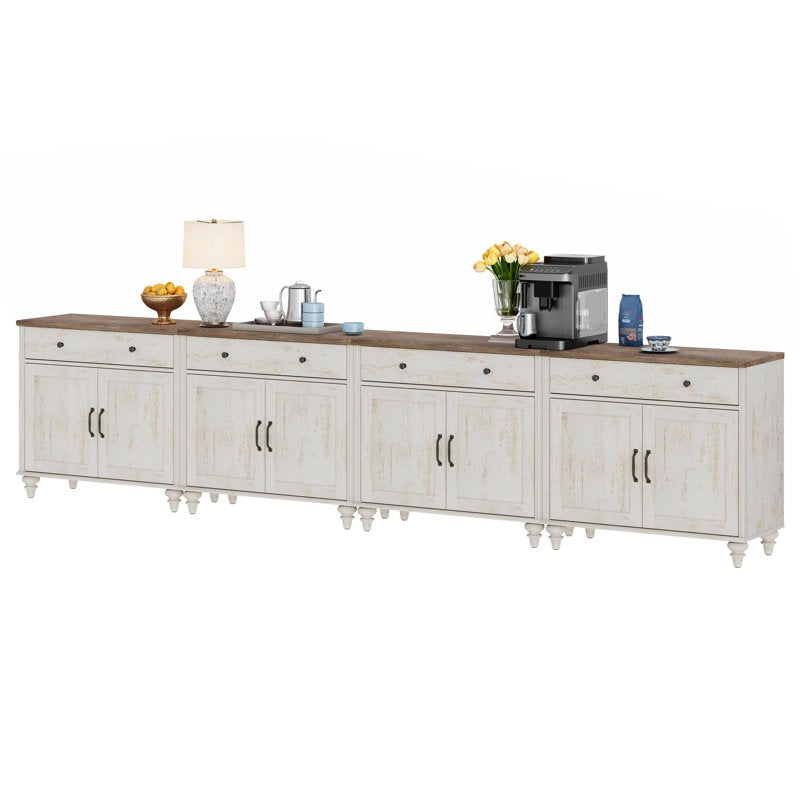 Large Buffet Cabinet - 8 Doors & 4 Drawers, Rustic White, 135 Inch