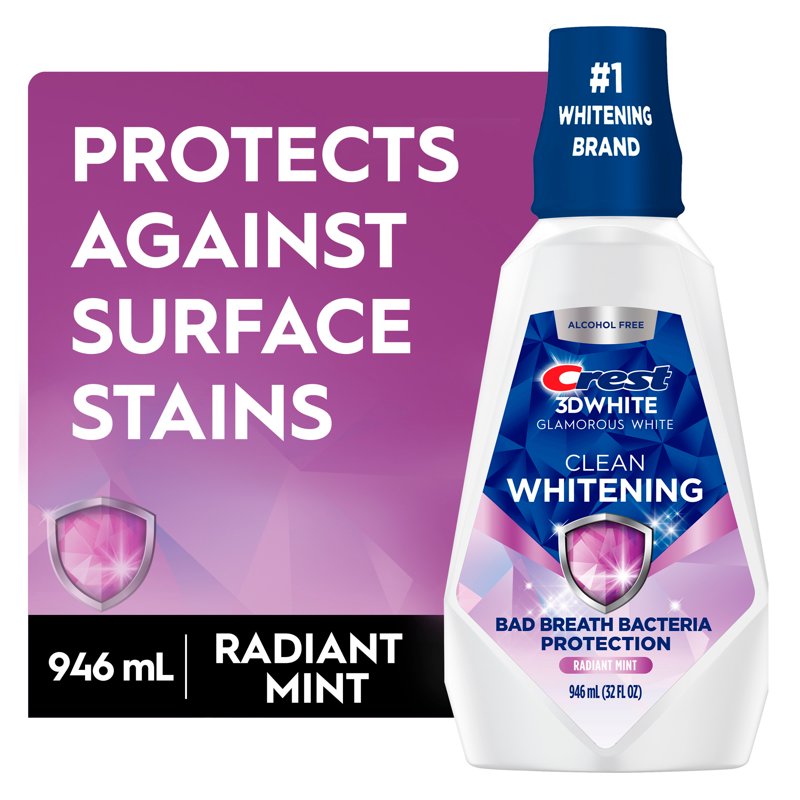 Whitening Mouthwash - Crest 3D White Clean, Alcohol-Free, Radiant Mint, 32 fl oz