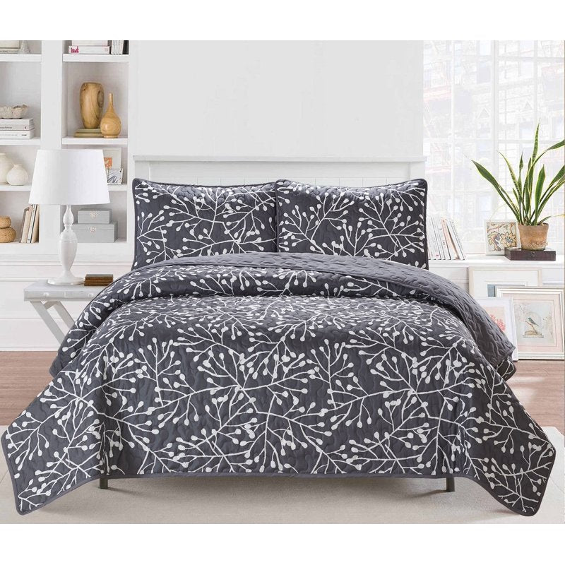 Crushed Microfiber Branches Quilt Set - Twin Graphite 2-Piece Bedding