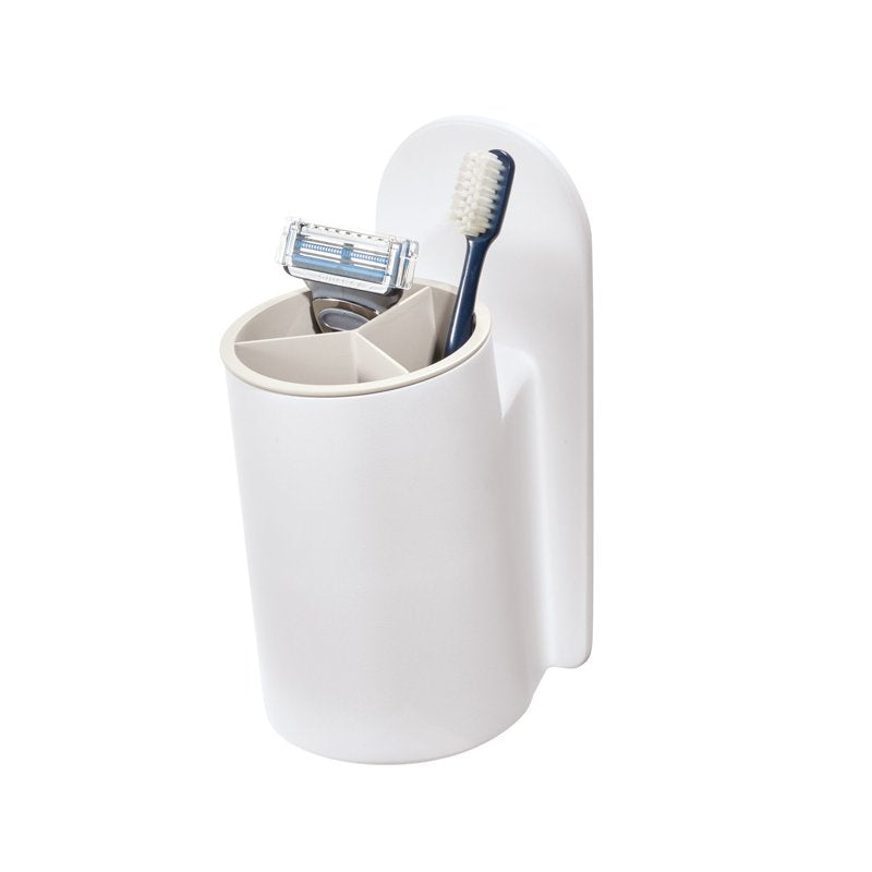 Self-Adhesive Bathroom Tumbler with Divided Sections for Toothbrushes and Essentials
