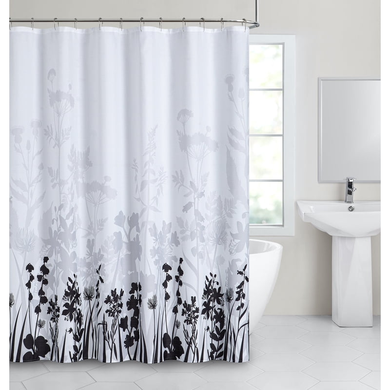 Black Floral Field Fabric Shower Curtain - Dainty Home, Water-Repellent, 70x72 Inches - Variation of This Listing