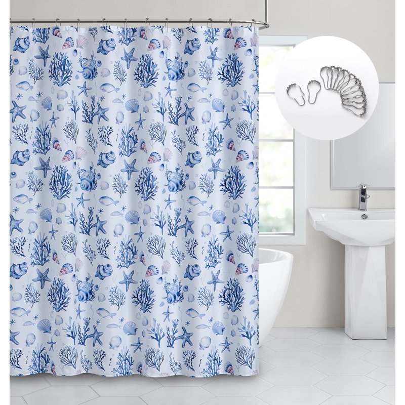 Blue Seaside Coastal Fabric Shower Curtain with 12 Metal Hooks - Water-Resistant, Machine Washable, 70x72 Inches - Variation of THIS listing