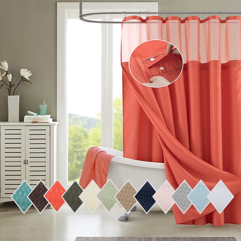 Waterproof Shower Curtain with Detachable Liner - Coral, 2-in-1 Bathroom Decor