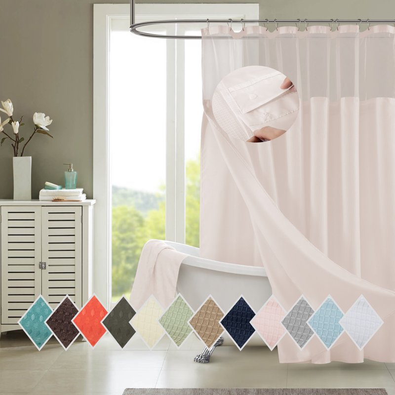Pink Waterproof Shower Curtain with Detachable Liner - Dainty Home Complete Waffle Weave