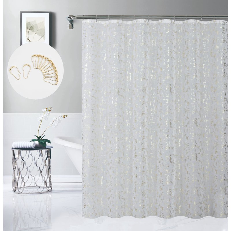 Abstract Gold and White Linen Textured Shower Curtain Set with 12 Hooks - Modern Bathroom Decor