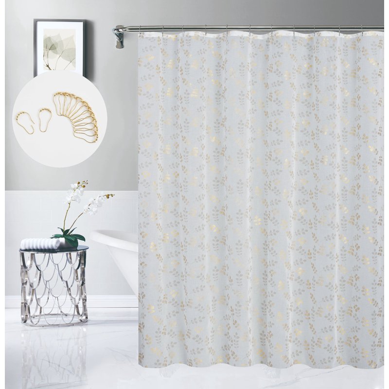 Floral Design White and Gold Linen Textured Shower Curtain Set with 12 Hooks