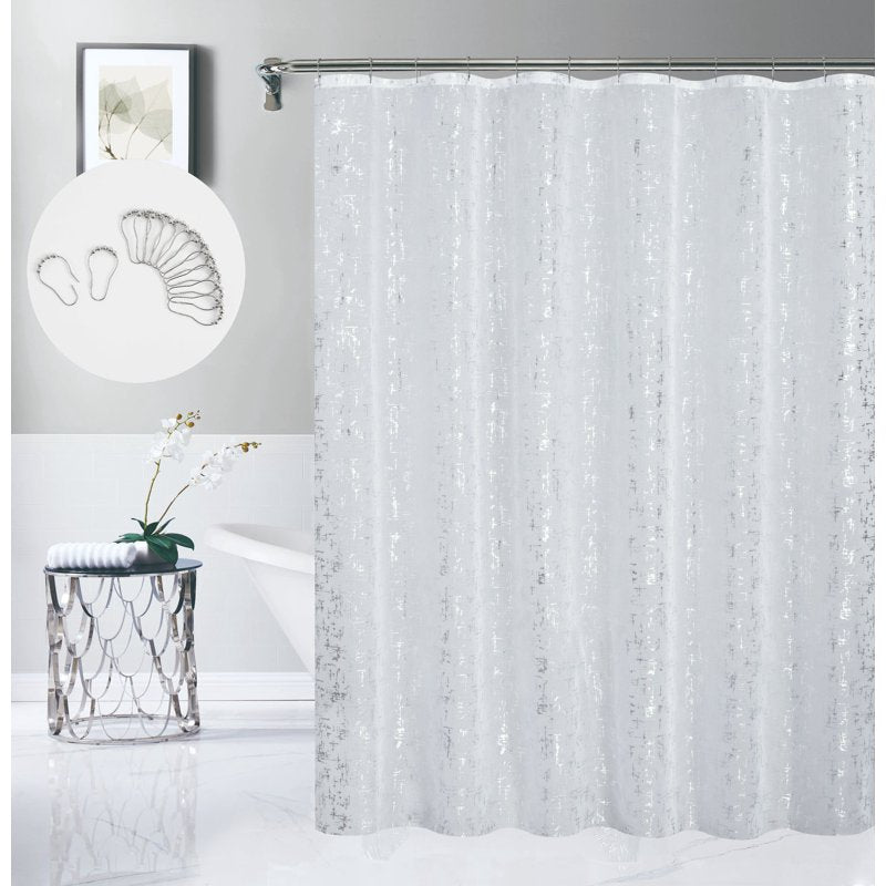 Abstract Silver Linen Textured Shower Curtain Set with 12 Hooks - White