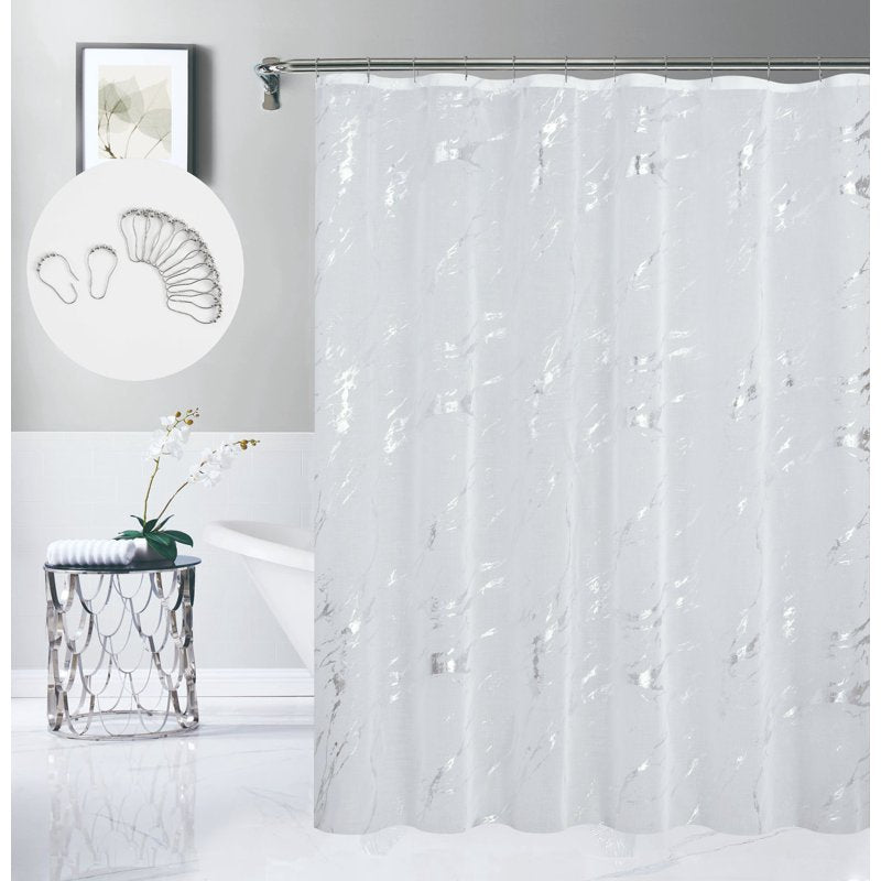 Marble Design White & Silver Linen Textured Shower Curtain Set with 12 Hooks