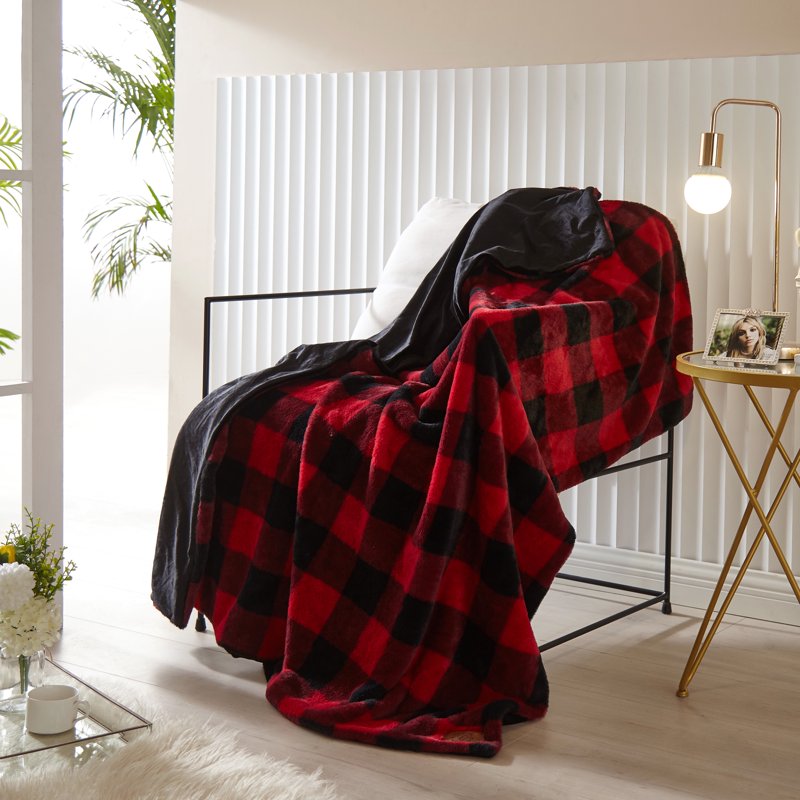 Dearfoams Reversible Throw Blanket - Red Buffalo Check Faux Fur & Micromink, 50x60 in - Variation of THIS listing