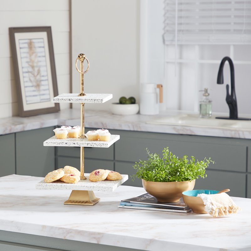 White Ceramic Terrazzo 3-Tier Server with Gold Base - 12" x 22"
