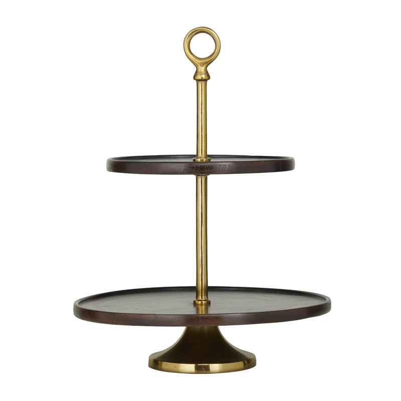 2-Tiered Mango Wood Server with Gold Stand - Dark Brown 14" x 18"