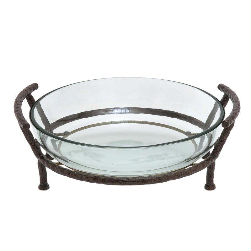 Clear Glass Kitchen Serving Bowl with Brown Metal Base - 19" x 7"