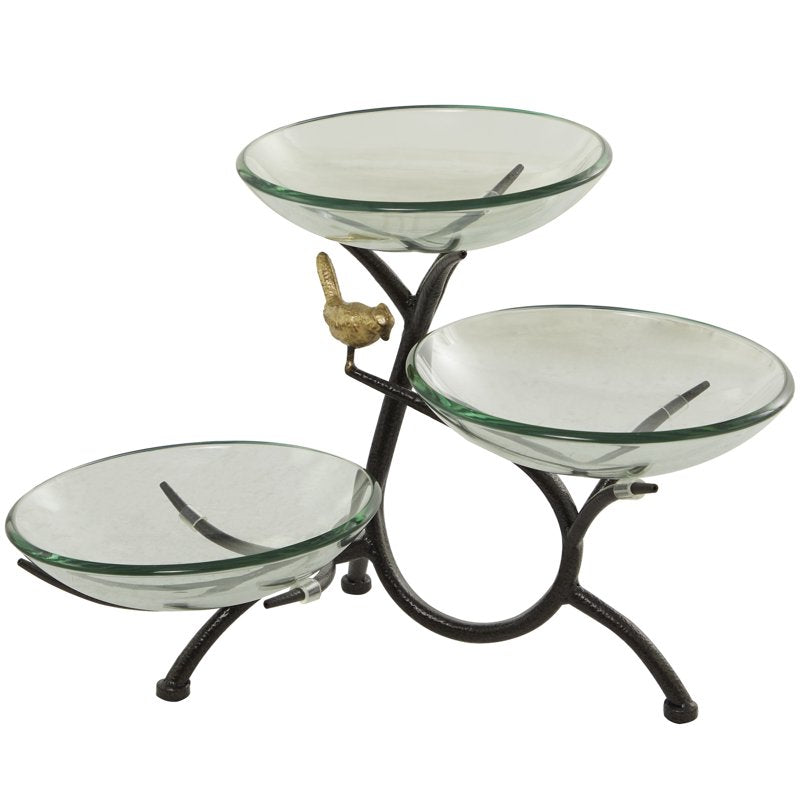 Clear Glass 3-Tiered Serving Bowl with Black Metal Stand - 20" x 14"