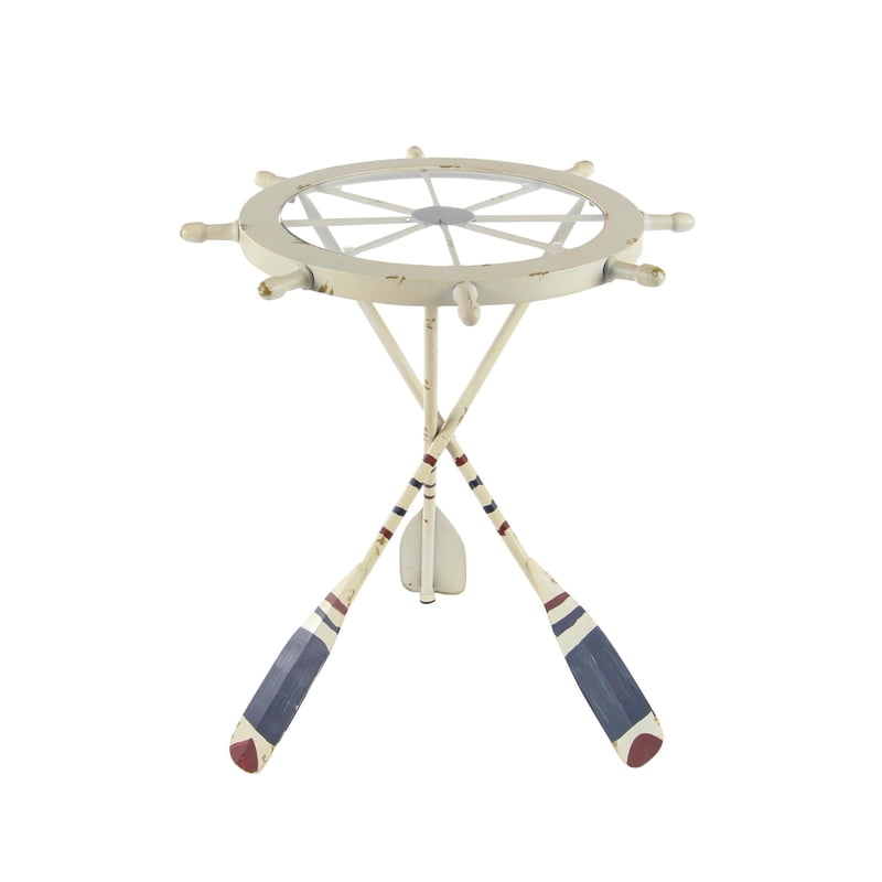 Nautical Style White Metal Top Ship Wheel Accent Table