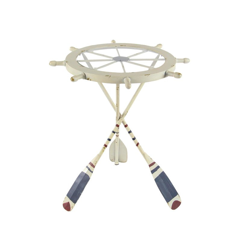 Nautical Style White Metal Top Ship Wheel Accent Table