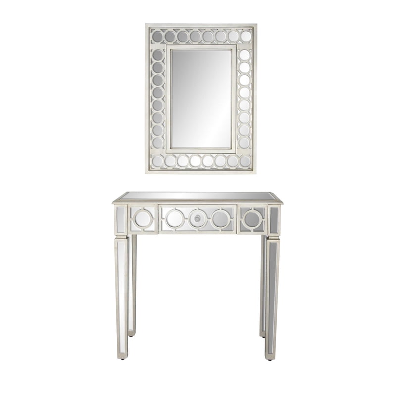 Geometric Silver Mirrored Console Table Set with Drawer - 2 Pieces
