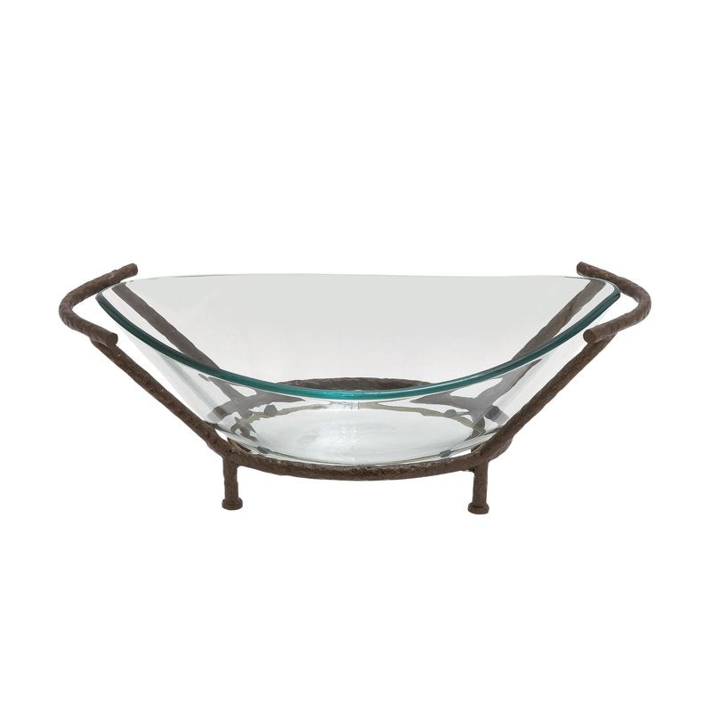 Clear Glass Kitchen Serving Bowl with Brown Metal Base - 26" x 9"
