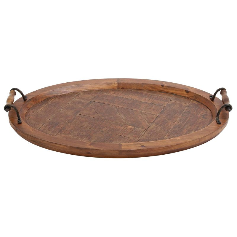Large Oval Brown Wood Tray with Scroll Metal Handles - 29 x 19 Inches